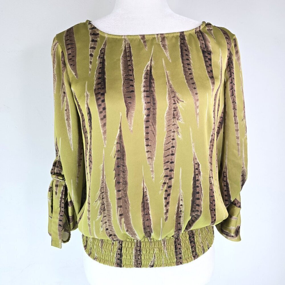 Michael Kors Olive Green Roll Tab Boat Neck Smocked Feather Print Top